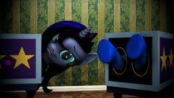 Size: 1920x1080 | Tagged: safe, artist:nightblood, imported from derpibooru, oc, oc only, oc:nightblood eclipse, alicorn, pony, alicorn oc, box, box sawing trick, fetish, half, hoof fetish, magic trick, modular, solo