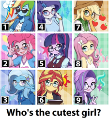 Size: 878x976 | Tagged: safe, artist:caibaoreturn, edit, imported from derpibooru, applejack, fluttershy, pinkie pie, rainbow dash, rarity, sci-twi, starlight glimmer, sunset shimmer, trixie, twilight sparkle, equestria girls, clothes, crystal prep academy uniform, exploitable meme, female, glasses, humane eight, humane five, humane nine, humane seven, humane six, looking at you, mane nine, meme, school uniform