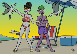 Size: 2893x2039 | Tagged: safe, artist:pony4koma, imported from derpibooru, raven, spike, human, seagull, equestria girls, armpits, barefoot, beach, beach chair, chair, clothes, elf ears, feet, female, flip-flops, food, hair bun, humanized, ice cream, male, ravenspike, sandals, shipping, shorts, straight, sunglasses, sunset, swimsuit, umbrella