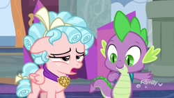 Size: 1920x1080 | Tagged: safe, imported from derpibooru, screencap, cozy glow, spike, dragon, pegasus, pony, school raze, backpack, duo, female, filly, foal, male, sad, school of friendship, winged spike, wings