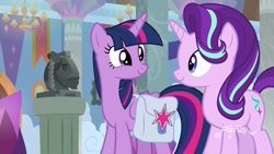 Size: 1920x1080 | Tagged: safe, imported from derpibooru, screencap, rockhoof, starlight glimmer, twilight sparkle, alicorn, pony, school raze, bust, saddle bag, statue, twilight sparkle (alicorn)