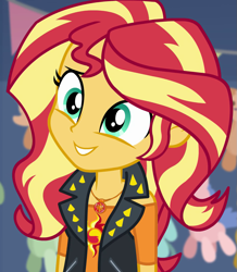 Size: 941x1080 | Tagged: safe, imported from derpibooru, screencap, sunset shimmer, equestria girls, equestria girls series, rollercoaster of friendship, cropped, cute, female, geode of empathy, head tilt, jewelry, magical geodes, necklace, shimmerbetes, smiling, solo, when she smiles