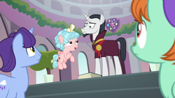 Size: 1280x720 | Tagged: safe, imported from derpibooru, screencap, chancellor neighsay, cozy glow, november rain, peppermint goldylinks, pegasus, pony, unicorn, school raze, background pony, female, filly, flying, friendship student, male, mare, stallion