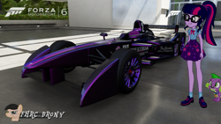 Size: 1439x809 | Tagged: safe, artist:forzaveteranenigma, imported from derpibooru, sci-twi, spike, spike the regular dog, twilight sparkle, dog, fanfic:equestria motorsports, equestria girls, equestria girls series, car, formula e, forza motorsport 6, geode of telekinesis, racecar, video game