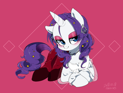 Size: 1720x1300 | Tagged: safe, artist:potetecyu_to, imported from derpibooru, rarity, pony, unicorn, alternate hairstyle, clothes, dress, ear piercing, earring, eyeshadow, female, jewelry, looking at you, makeup, piercing, smiling, solo