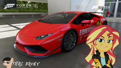 Size: 1439x809 | Tagged: safe, artist:forzaveteranenigma, imported from derpibooru, screencap, sunset shimmer, fanfic:equestria motorsports, equestria girls, car, forza motorsport 6, lamborghini, lamborghini huracan, supercar