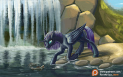 Size: 1440x900 | Tagged: safe, artist:kirillk, imported from derpibooru, oc, oc only, oc:nyx, alicorn, fish, pony, alicorn oc, female, looking at each other, mare, patreon, patreon logo, slit pupils, solo, waterfall, wet mane