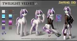 Size: 4057x2212 | Tagged: safe, artist:l1nkoln, imported from derpibooru, twilight velvet, pony, unicorn, fanfic:spectrum of lightning, series:daring did tales of an adventurer's companion, badass, bipedal, breadboard, chubby, clothes, electricity, fanfic art, female, fit, gun, hood, implied daring do, jacket, leather jacket, magic, mare, muscles, oscilloscope, plump, reference sheet, rifle, ripped, scar, solo, toned, weapon, weight loss