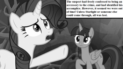 Size: 800x450 | Tagged: safe, edit, edited screencap, imported from derpibooru, screencap, rarity, twilight sparkle, alicorn, rarity investigates, school raze, grayscale, implied cozy glow, implied lord tirek, implied starlight glimmer, implied tirek, monochrome, narration, tartarus, text, text box, twilight sparkle (alicorn)