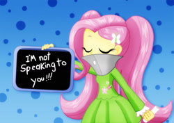 Size: 1600x1131 | Tagged: safe, artist:jucamovi1992, imported from derpibooru, fluttershy, equestria girls, alternate hairstyle, bubbles (powerpuff girls), chalkboard, clothes, eyes closed, female, flea collar, sign, solo, the powerpuff girls