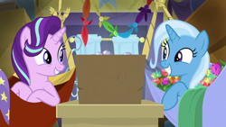 Size: 1280x720 | Tagged: safe, imported from derpibooru, screencap, starlight glimmer, trixie, road to friendship, hammock, shipping fuel, smiling, wagon