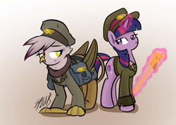 Size: 1748x1240 | Tagged: safe, artist:christheblue, imported from derpibooru, gilda, twilight sparkle, griffon, baldrick, blackadder, blackadder goes forth, clothes, duo, hat, military, military uniform, peaked cap, scepter, twilight scepter, uniform, world war i