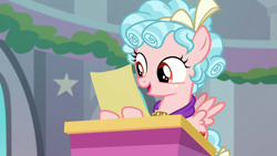 Size: 1280x720 | Tagged: safe, imported from derpibooru, screencap, cozy glow, pegasus, pony, school raze, female, filly, jewelry, necklace, paper, podium, solo