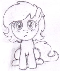 Size: 755x895 | Tagged: safe, artist:lockhe4rt, imported from derpibooru, oc, oc only, oc:filly anon, earth pony, pony, female, filly, looking at you, monochrome, pencil drawing, sitting, solo, traditional art