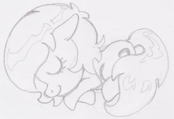 Size: 881x602 | Tagged: safe, artist:lockhe4rt, imported from derpibooru, oc, oc only, oc:filly anon, earth pony, pony, eyes closed, female, filly, monochrome, pencil drawing, sleeping, smiling, solo, traditional art