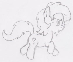 Size: 782x669 | Tagged: safe, imported from derpibooru, oc, oc only, oc:filly anon, earth pony, pony, female, filly, monochrome, pencil drawing, side view, smiling, solo, traditional art