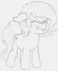 Size: 929x1139 | Tagged: safe, artist:lockhe4rt, imported from derpibooru, oc, oc only, oc:filly anon, earth pony, pony, eyes closed, female, filly, monochrome, naughty, pencil drawing, pfft, raspberry noise, scrunchy face, solo, tongue out, traditional art