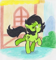 Size: 1791x1900 | Tagged: safe, artist:lockhe4rt, imported from derpibooru, oc, oc only, oc:filly anon, earth pony, pony, crayon drawing, female, filly, house, side view, smiling, smug, solo, traditional art