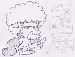 Size: 1773x1340 | Tagged: safe, artist:lockhe4rt, imported from derpibooru, twilight sparkle, oc, oc:filly anon, earth pony, pony, afro, bob ross, easel, faget, fake beard, female, filly, happy little trees, joy of painting, monochrome, paintbrush, painter, painting, palette, pencil drawing, solo, traditional art, vulgar, wig