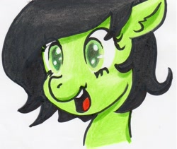 Size: 1596x1350 | Tagged: safe, artist:lockhe4rt, imported from derpibooru, oc, oc only, oc:filly anon, pony, bust, crayon drawing, female, filly, open mouth, simple background, smiling, solo, traditional art