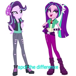 Size: 1517x1517 | Tagged: safe, artist:famousmari5, artist:kimberlythehedgie, editor:axal-5, imported from derpibooru, aria blaze, starlight glimmer, equestria girls, mirror magic, rainbow rocks, spoiler:eqg specials, beanie, boots, clothes, comparison, full body, gem, hat, high heel boots, pants, pigtails, ripped pants, shoes, simple background, siren gem, spot the difference, twintails, vest, white background