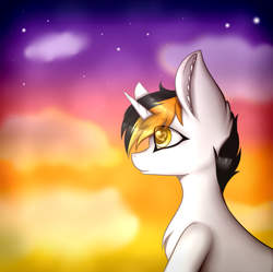 Size: 3321x3307 | Tagged: safe, artist:mimihappy99, imported from derpibooru, oc, oc only, oc:heyzone, pony, unicorn, heart eyes, male, present, solo, sunset, wingding eyes