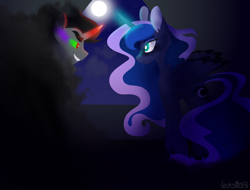 Size: 1600x1219 | Tagged: safe, artist:leviostars, imported from derpibooru, king sombra, princess luna, alicorn, umbrum, coat markings, dappled, eyebrows, female, looking at each other, lumbra, magic, male, missing accessory, moon, shipping, sombra eyes, straight