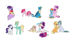 Size: 3905x2104 | Tagged: safe, artist:saphi-boo, imported from derpibooru, apple bloom, applejack, cloudy quartz, fluttershy, gallus, pinkie pie, princess cadance, queen novo, rainbow dash, rarity, twilight sparkle, zephyr breeze, alicorn, earth pony, griffon, pegasus, pony, unicorn, soul bond au, my little pony: the movie, blushing, cadash, crack shipping, ephebophilia, female, infidelity, interspecies, lesbian, male, mare, quartzjack, shipping, simple background, stallion, straight, twibloom, twilight sparkle (alicorn), zephity