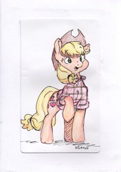 Size: 1219x1728 | Tagged: safe, artist:dilarus, deleted from derpibooru, imported from derpibooru, applejack, earth pony, pony, colored, cowboy hat, female, hat, mare, plaid skirt, raised hoof, solo, stetson, traditional art