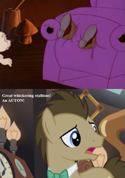 Size: 567x810 | Tagged: safe, edit, edited screencap, imported from derpibooru, screencap, doctor whooves, habbit, mr moochick, time turner, my little pony 'n friends, quest of the princess ponies, slice of life (episode), bowtie, chair, cropped, dialogue, doctor who, g1, g1 to g4, g4, generation leap, terror of the autons, the doctor, vore