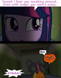 Size: 1908x2416 | Tagged: safe, editor:leonidus, imported from derpibooru, sci-twi, sunset shimmer, twilight sparkle, human, equestria girls, equestria girls (movie), canterlot high, dialogue, evil grin, funny, grin, halloween, hallway, headless, holiday, jack-o-lantern, lockers, magic, modular, prank, pumpkin, scared, screaming, smiling, text