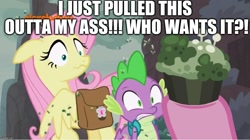 Size: 1032x578 | Tagged: safe, edit, edited screencap, editor:useraccount, imported from derpibooru, screencap, fluttershy, pinkie pie, spike, school raze, backpack, baked bads, caption, cupcake, disgusted, eww, excessive exclamation marks, food, gross, image macro, meme, mold, muffin, op is a duck, text, vulgar, why