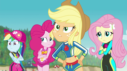 Size: 1920x1080 | Tagged: safe, imported from derpibooru, screencap, applejack, fluttershy, pinkie pie, rainbow dash, equestria girls, equestria girls series, forgotten friendship, angry, applejack's beach shorts swimsuit, beach, beach shorts swimsuit, belly button, cap, clothes, crossed arms, cute, female, geode of empathy, geode of fauna, geode of shielding, geode of sugar bombs, geode of super speed, geode of super strength, geode of telekinesis, hat, magical geodes, midriff, one-piece swimsuit, pinkie pie's beach shorts swimsuit, rainbow dash's beach shorts swimsuit, sexy, shyabetes, sleeveless, swimsuit, tree, wetsuit