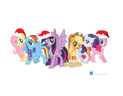 Size: 725x565 | Tagged: safe, imported from derpibooru, applejack, fluttershy, pinkie pie, rainbow dash, rarity, twilight sparkle, alicorn, best gift ever, christmas, clothes, hat, hearth's warming eve, holiday, mane six, official, santa hat, scarf, simple background, twilight sparkle (alicorn), white background