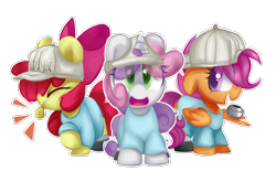 Size: 2900x1800 | Tagged: safe, artist:fluorbaryt, imported from derpibooru, apple bloom, scootaloo, sweetie belle, pony, adorabloom, baseball cap, cap, cells at work, clothes, cute, cutealoo, cutie mark crusaders, diasweetes, hat, platelets, simple background, transparent background, whistle