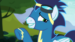 Size: 640x360 | Tagged: safe, imported from derpibooru, screencap, soarin', pony, newbie dash, clothes, male, nervous, smiling, solo, uniform, wings, wonderbolts uniform