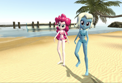 Size: 1064x722 | Tagged: safe, artist:ruben999, imported from derpibooru, pinkie pie, trixie, equestria girls, 3d, barefoot, belly button, bikini, clothes, feet, female, lesbian, midriff, shipping, swimsuit, tankini, trixiepie