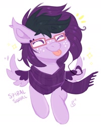 Size: 1353x1693 | Tagged: safe, artist:pixelyte, imported from derpibooru, oc, oc only, oc:spiral swirl, pegasus, pony, :p, clothes, eyes closed, freckles, glasses, scarf, silly, simple background, smiling, solo, spread wings, tongue out, white background, wings