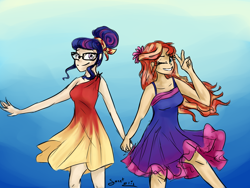 Size: 2000x1500 | Tagged: safe, artist:elisdoominika, imported from derpibooru, sci-twi, sunset shimmer, twilight sparkle, equestria girls, alternate clothes, alternate costumes, alternate hairstyle, clothes swap, costume swap, female, holding hands, human coloration, lesbian, one eye closed, scitwishimmer, shipping, smiling, sunsetsparkle, victory sign, wink