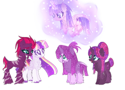 Size: 1164x838 | Tagged: safe, artist:kurosawakuro, artist:selenaede, imported from derpibooru, tempest shadow, twilight sparkle, oc, oc:micaela sparkle, oc:midnight sparkle, oc:moonlight sparkle, alicorn, pony, unicorn, alternate design, alternate hairstyle, alternate universe, base used, broken horn, cheek fluff, chest fluff, colored wings, ear fluff, ethereal mane, eye scar, family, female, glowing horn, horn, lesbian, levitation, magic, magical lesbian spawn, male, mare, mother and daughter, mother and son, offspring, open mouth, parent:tempest shadow, parent:twilight sparkle, parents:tempestlight, redesign, scar, self-levitation, shipping, siblings, simple background, sisters, starry mane, telekinesis, tempestlight, transparent background, twilight sparkle (alicorn), unshorn fetlocks, wall of tags