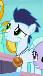 Size: 227x396 | Tagged: safe, imported from derpibooru, screencap, soarin', pegasus, pony, parental glideance, bronze medal, colt, confused, cropped, cute, flashback, foal, frown, green eyes, looking up, male, raised eyebrow, solo focus, younger