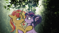 Size: 1920x1080 | Tagged: safe, artist:elisdoominika, imported from derpibooru, sci-twi, sunset shimmer, twilight sparkle, pony, unicorn, duo, equestria girls ponified, female, imminent kissing, lesbian, looking at each other, mare, ponified, rain, scitwishimmer, shipping, sunsetsparkle, unicorn sci-twi