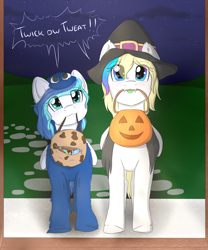 Size: 2500x3000 | Tagged: safe, artist:lionbun, artist:littledreamycat, imported from derpibooru, oc, oc only, oc:jewel blue, oc:veleya, pegasus, pony, adorable face, blushing, candy, candy pail, cookie, cookie monster, cute, dialogue, doorstep, duo, fangs, female, filly, food, halloween, halloween costume, hat, holiday, jack-o-lantern, looking at you, mouth hold, ocbetes, offspring, parent:oc:arus, parent:oc:hazy, parents:harus, parents:oc x oc, patreon, patreon reward, pumpkin, pumpkin bucket, speech bubble, trick or treat, trick or treating, witch hat