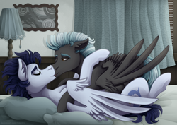 Size: 4960x3507 | Tagged: safe, artist:kikirdcz, imported from derpibooru, soarin', thunderlane, pegasus, pony, backwards cutie mark, bed, bedroom, commission, eyes closed, floppy ears, gay, kissing, making out, male, open mouth, shipping, soarilane, stallion