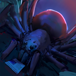 Size: 2151x2151 | Tagged: safe, artist:rhorse, imported from derpibooru, lyra heartstrings, giant spider, spider, advertisement, challenge, collaboration, dark background, poster, simple background, speedpaint, wat