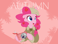 Size: 1720x1300 | Tagged: safe, artist:potetecyu_to, imported from derpibooru, pinkie pie, dragonfly, earth pony, insect, pony, semi-anthro, arm hooves, beret, camera, clothes, female, hat, maple leaf, mare, solo