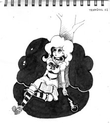 Size: 1280x1437 | Tagged: safe, artist:husdur, imported from derpibooru, pinkie pie, human, apple, food, humanized, inktober, inktober 2018, monochrome, poison, poison apple, traditional art