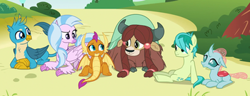 Size: 350x135 | Tagged: safe, imported from derpibooru, screencap, gallus, ocellus, sandbar, silverstream, smolder, yona, changedling, changeling, classical hippogriff, dragon, earth pony, griffon, hippogriff, pony, yak, school daze, bonding, bow, cloven hooves, colored hooves, confused, cropped, cute, diaocelles, diastreamies, dragoness, female, gallabetes, hair bow, happy, jewelry, looking at each other, lounging, lying down, male, monkey swings, necklace, raised eyebrow, sandabetes, sitting, smolderbetes, student six, teenager, yonadorable