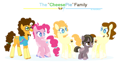 Size: 1350x710 | Tagged: safe, artist:onedayhm, imported from derpibooru, cheese sandwich, pinkie pie, oc, oc:chocottone chocchips, oc:panettone driedfruit, oc:strawberry shortcake, earth pony, pony, alternate design, alternate hairstyle, base used, cheesepie, clothes, coat markings, colored hooves, colt, family, female, glasses, male, mare, offspring, parent:cheese sandwich, parent:pinkie pie, parents:cheesepie, ponytail, shipping, shirt, simple background, socks (coat marking), socks (coat markings), stallion, straight, unshorn fetlocks, white background