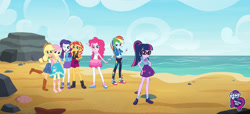 Size: 3840x1756 | Tagged: safe, artist:spike fancy, imported from derpibooru, applejack, fluttershy, pinkie pie, rainbow dash, rarity, sci-twi, sunset shimmer, twilight sparkle, human, equestria girls, equestria girls series, beach, converse, equestria girls logo, fashion photo booth, geode of empathy, geode of fauna, geode of shielding, geode of super speed, geode of super strength, geode of telekinesis, humane five, humane seven, humane six, magical geodes, ponytail, shoes, smiling